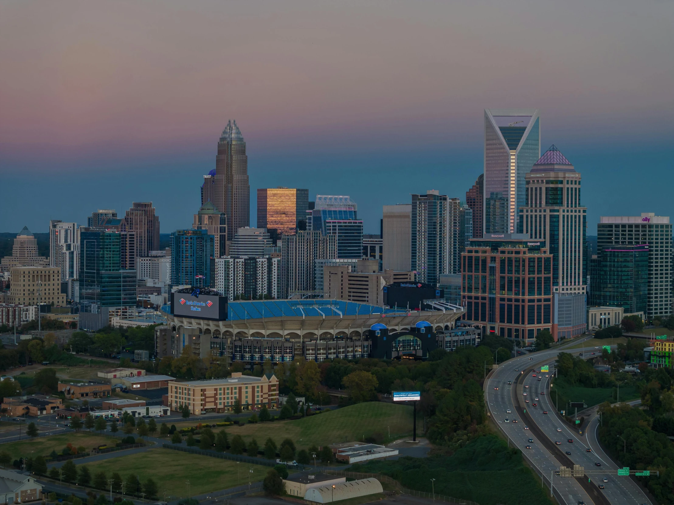 a view of the city from a high altitude plane