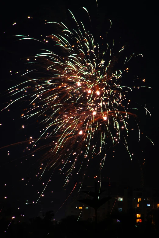 fireworks exploding in the dark night sky with the moon