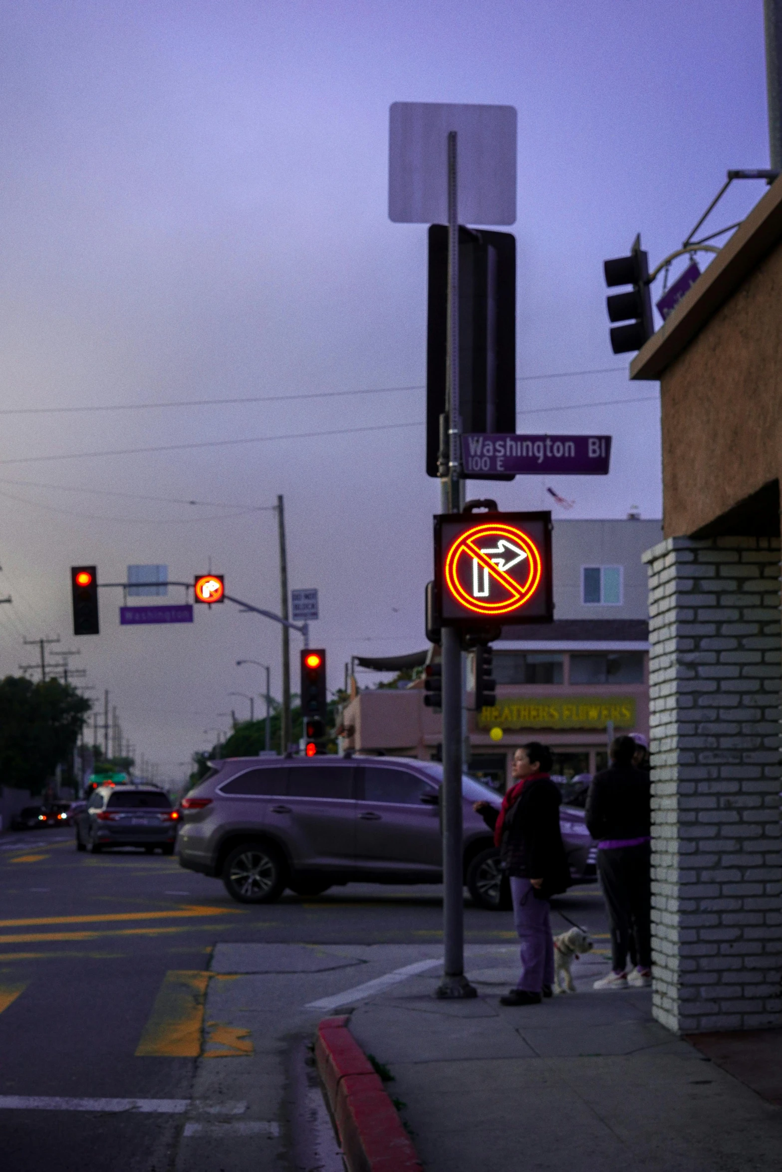 cars driving past a street with a no parking sign