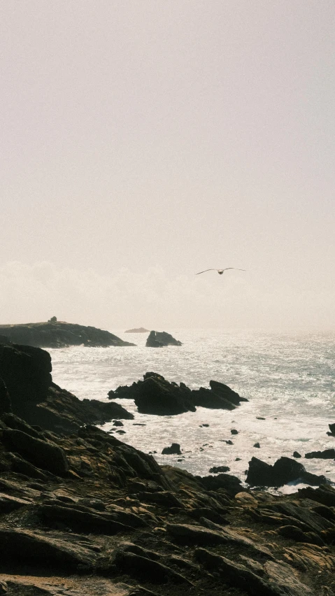 an airplane flies overhead over some large rocks