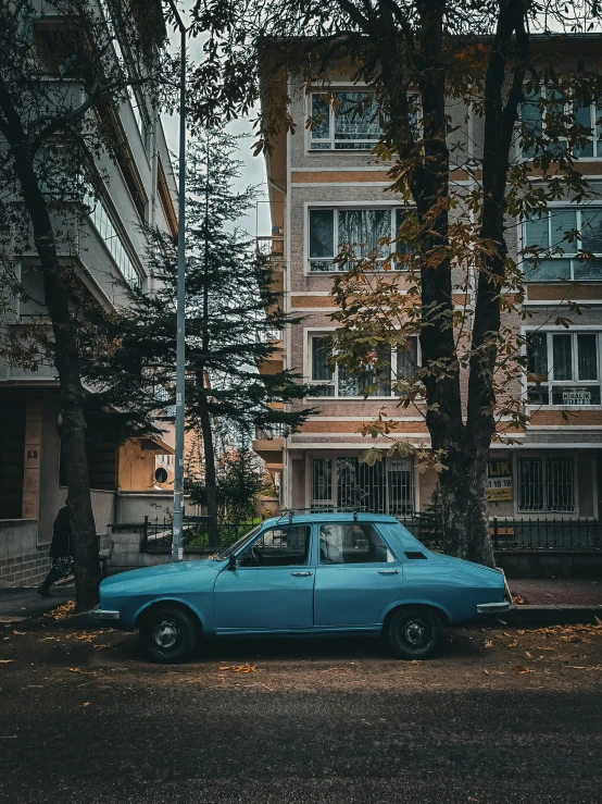 the small blue car is parked near some trees