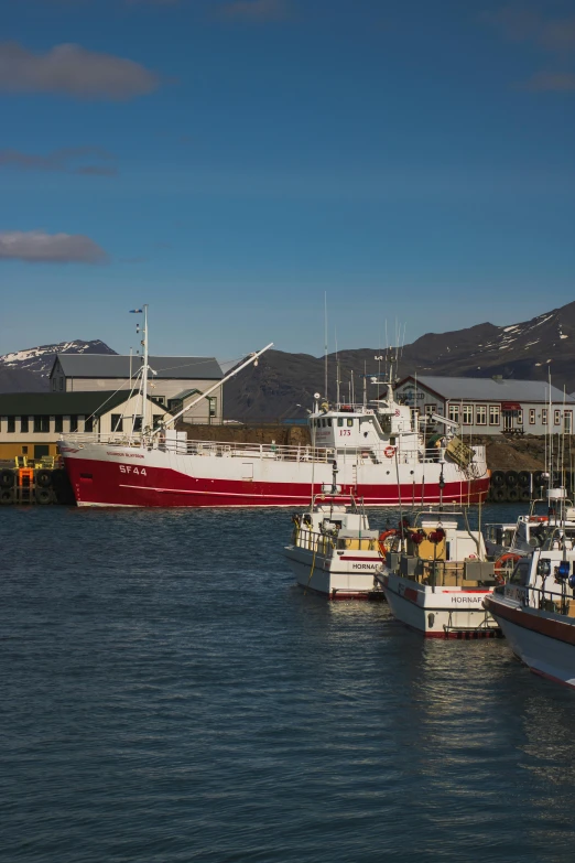 two boats in the water with houses and mountains in the background