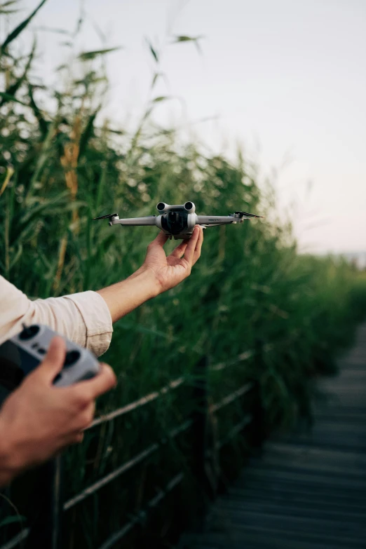 someone holds an airplane shaped remote control helicopter in their hand