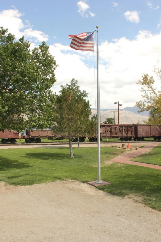 a flag pole with a train on the tracks in the background