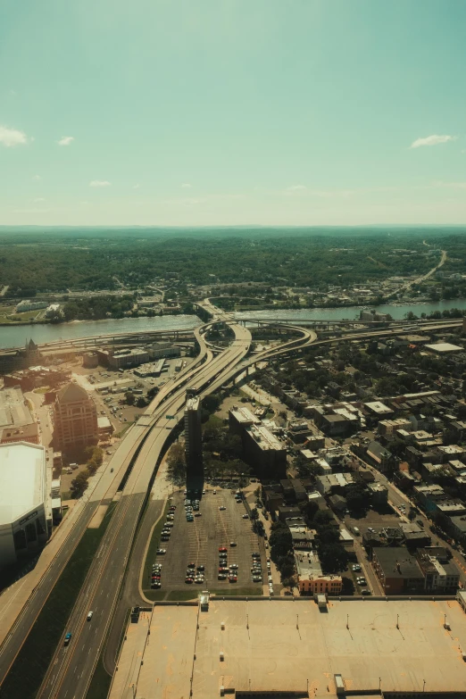 aerial view of an industrial area with a highway