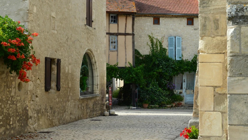 a narrow street leading into a small village with tall buildings