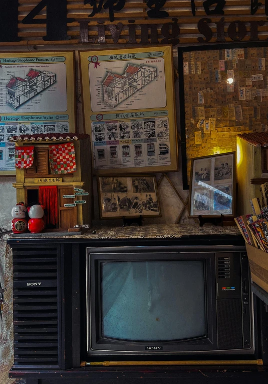 a television and some paintings in a room