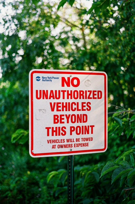 a red and white sign is posted in front of a forest