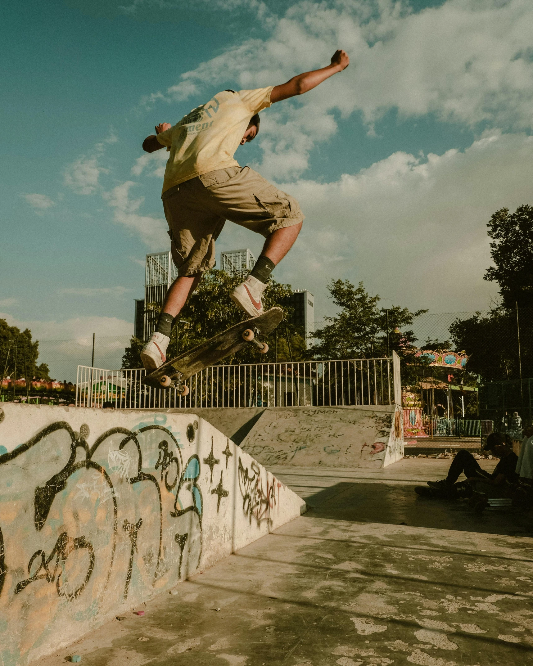 there is a man riding his skateboard on the wall