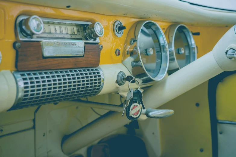 the interior of an old car has been restored