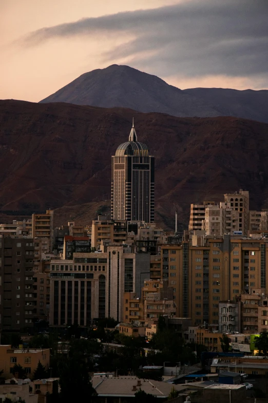 some buildings are in a big city with mountains