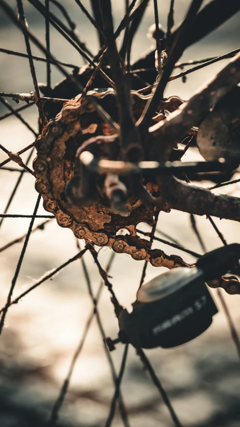 a view looking down at the spokes on a bike