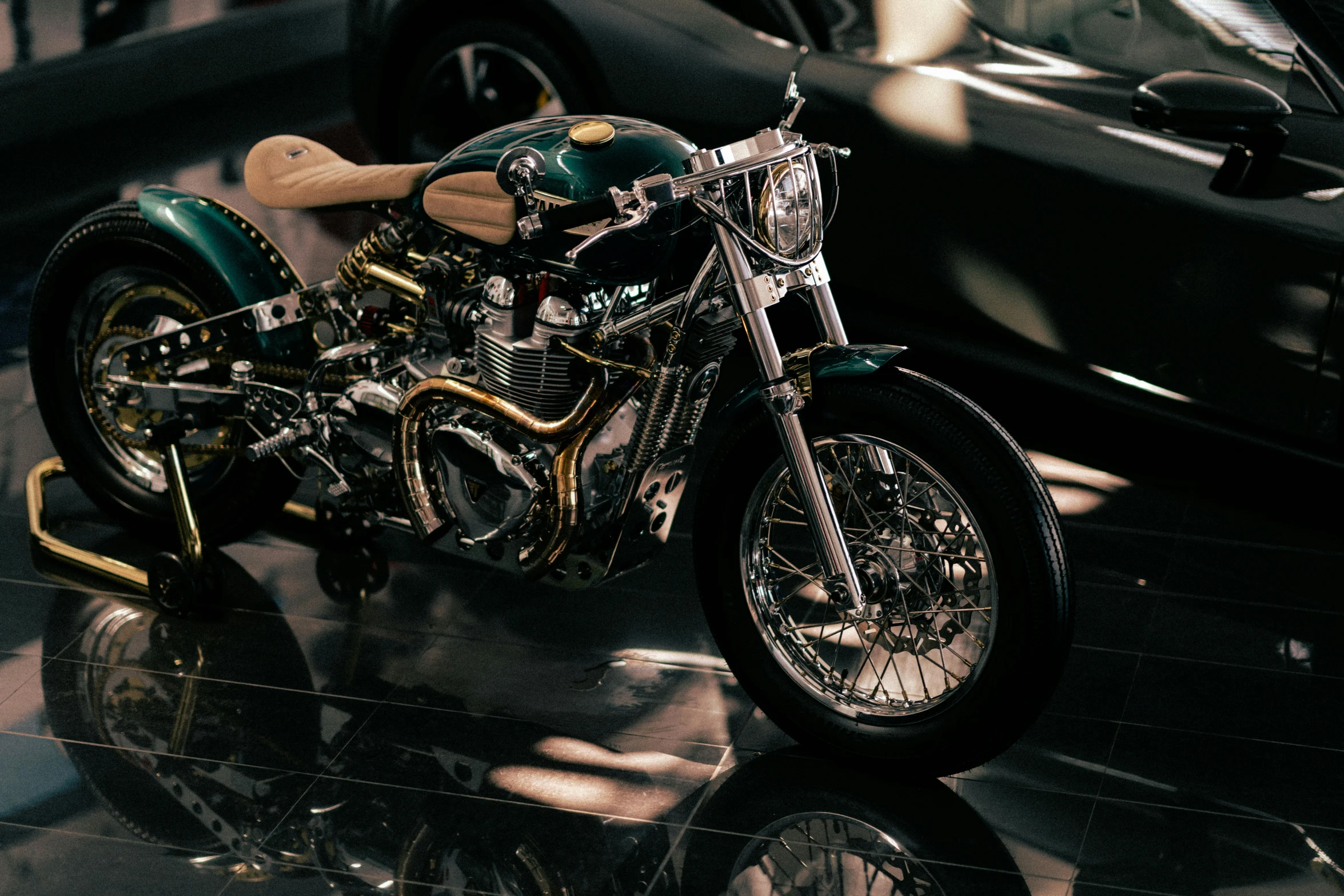 a motorcycle on display in a showroom