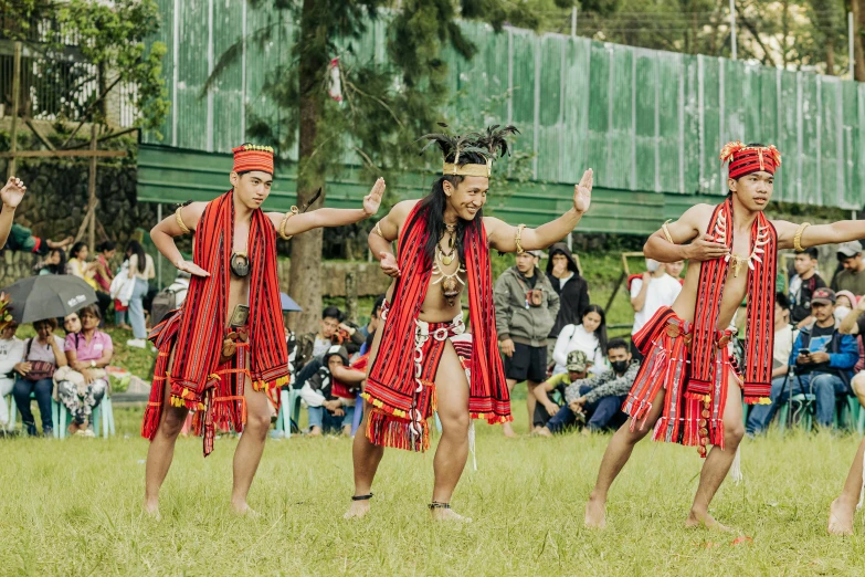 people in costume performing on grass with spectators behind them