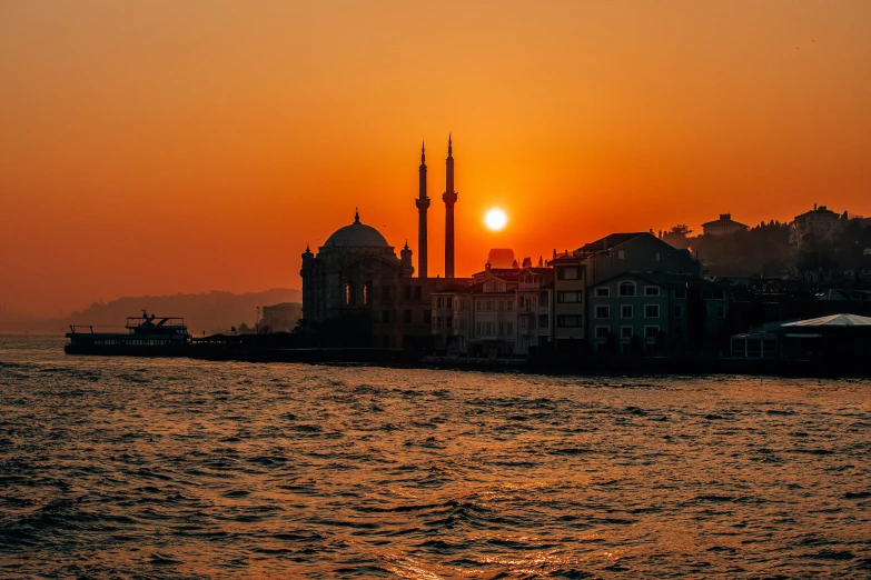 a sunset is seen on the horizon of the water