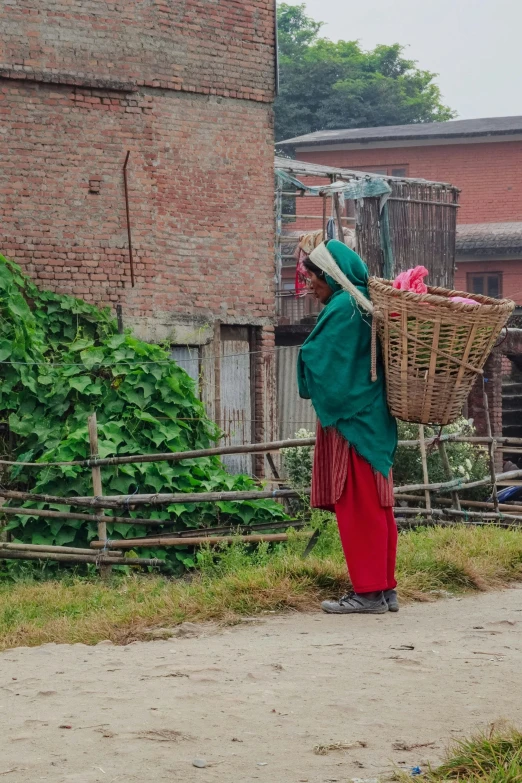 a woman carrying a basket in a yard
