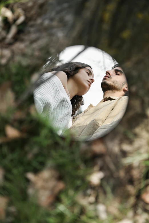a reflection of two people looking into a round mirror