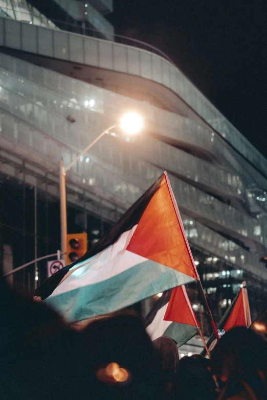 people holding flags and lights in front of a building