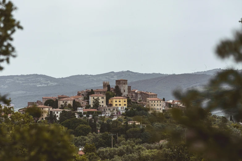 a building surrounded by trees and mountains in the background