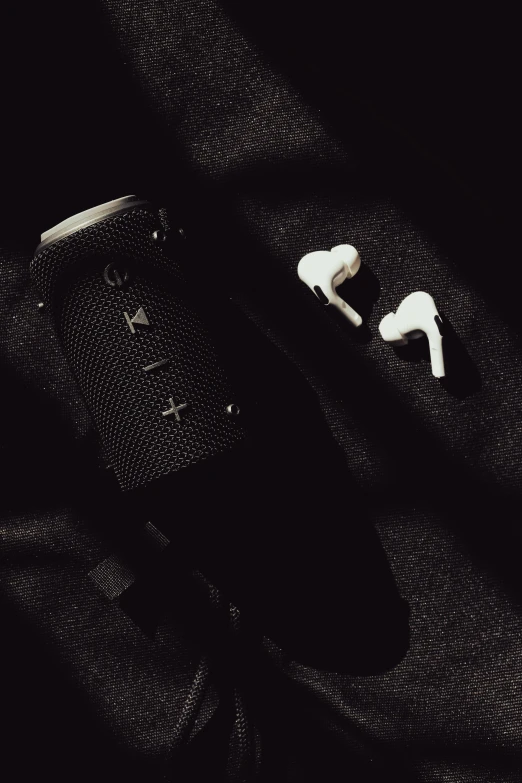 an open bag and ear buds in black and white
