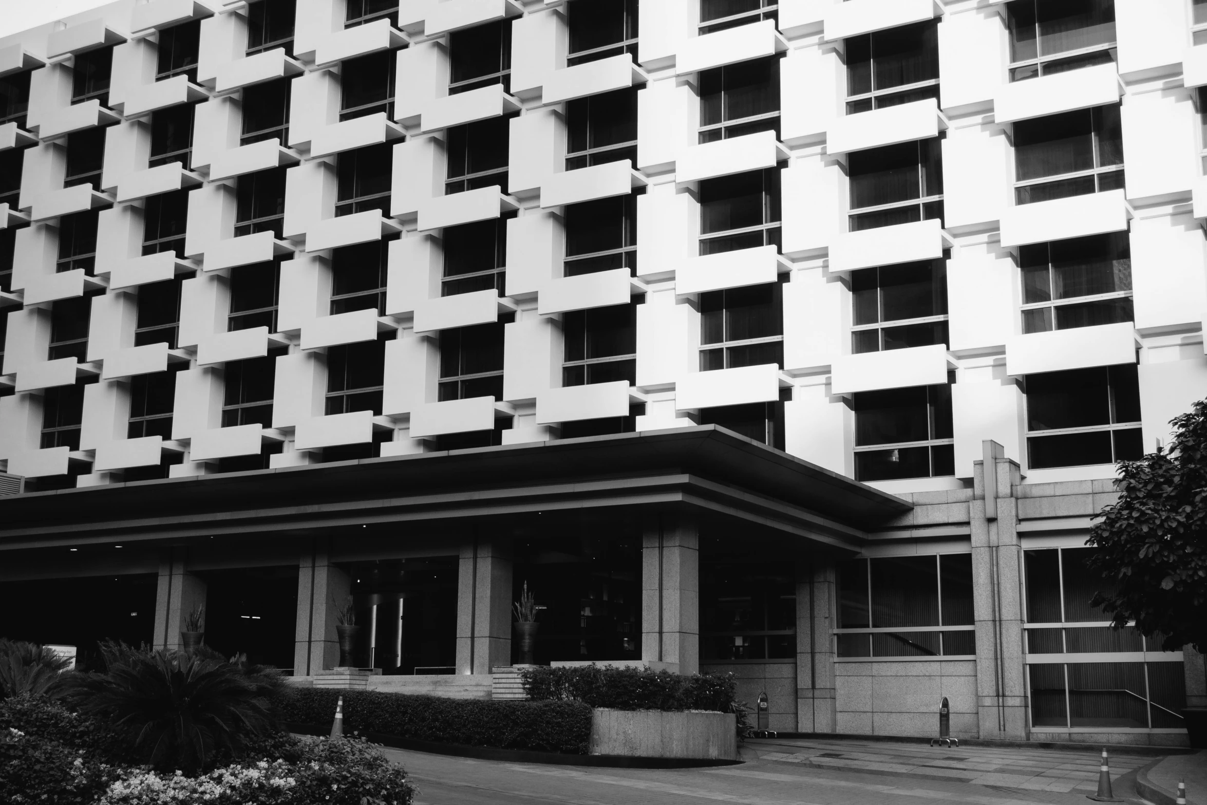 a very large building near a tree in black and white