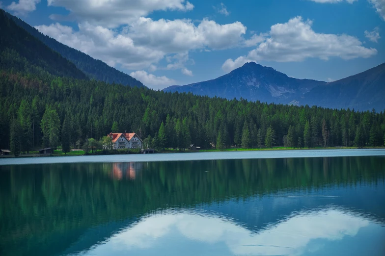 the view across the lake of a mountain forest and its reflections