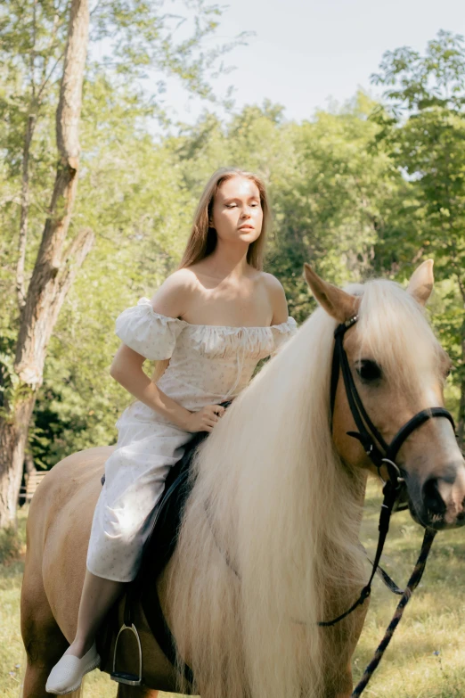 a girl in a white dress is sitting on a horse