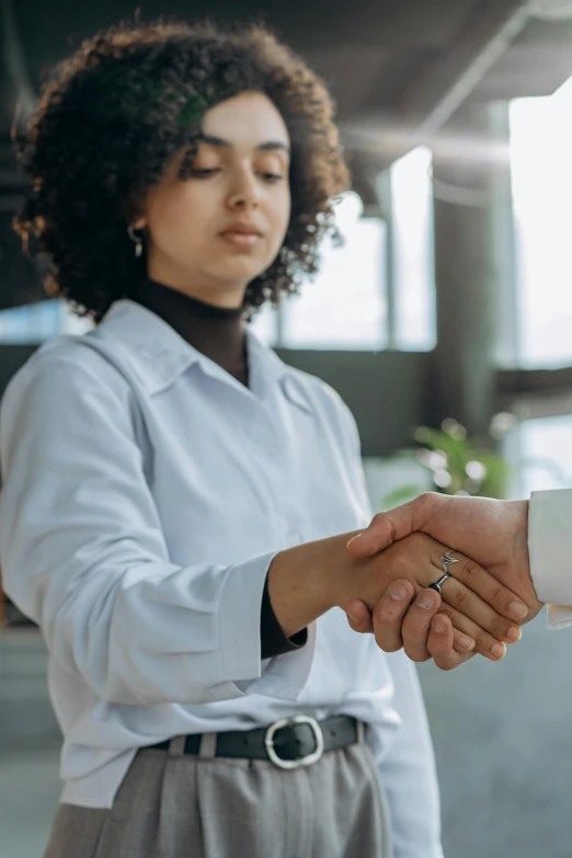 a businesswoman and man shake hands at an office setting