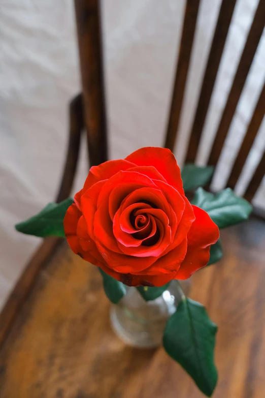 a very red rose sitting in a clear vase on a wooden table