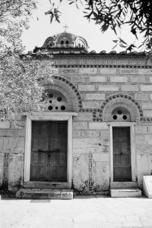 a black and white po of a stone building