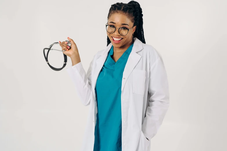 a woman in a white coat and black glasses