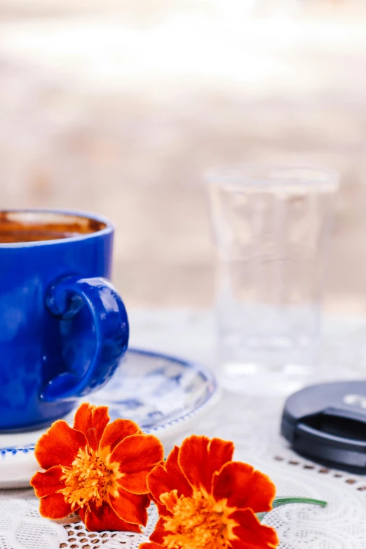 a coffee mug next to some orange flowers