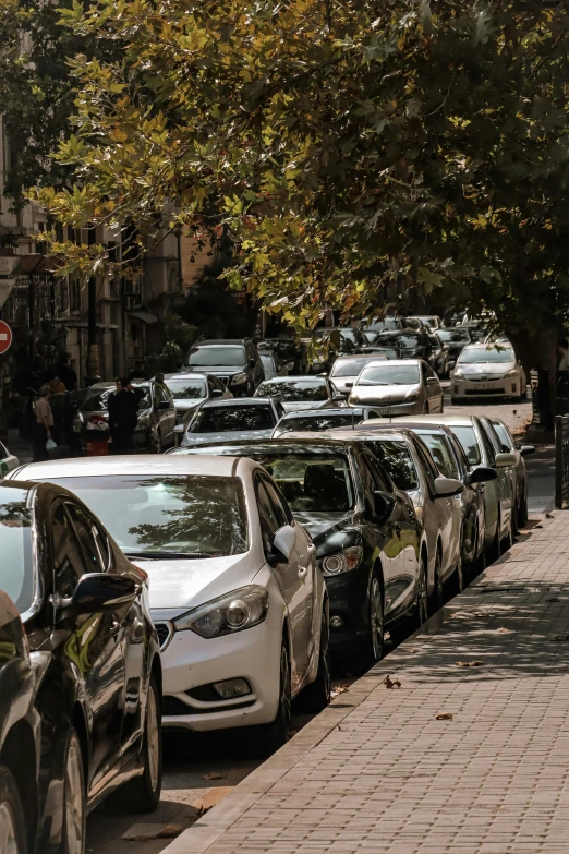 a bunch of parked cars on a city sidewalk