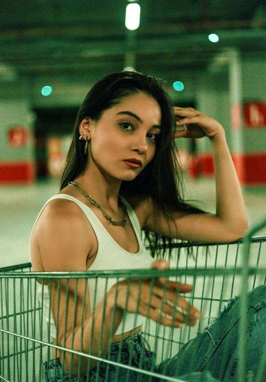 a woman is sitting in a shopping basket