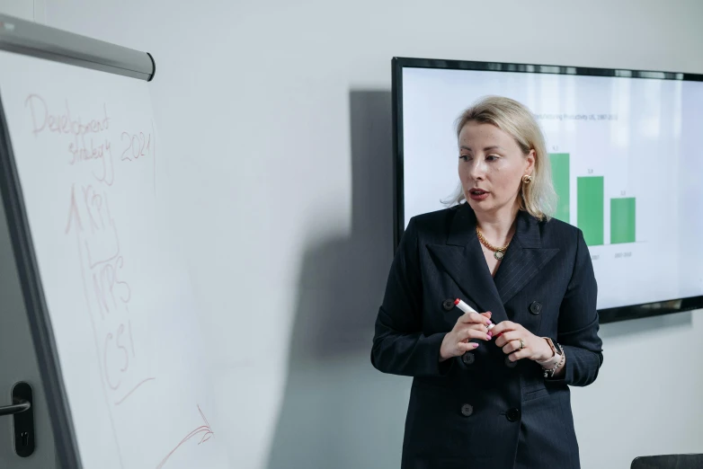 a woman in business attire standing in front of a whiteboard