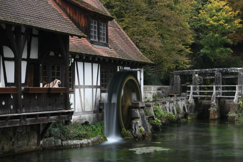 a building that has a long stream running through it