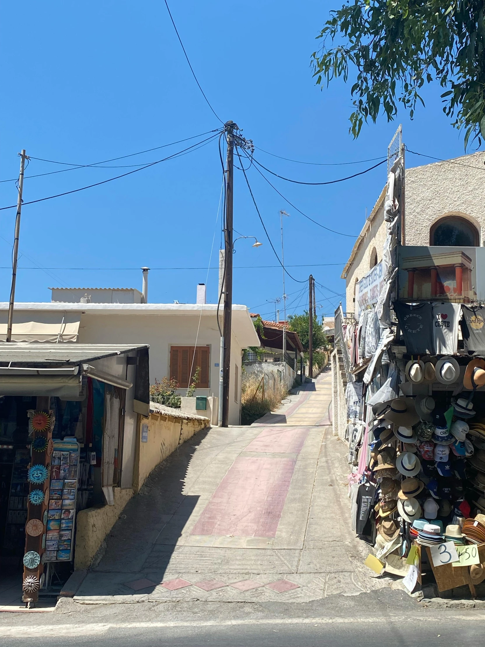 a street view shows shops, power lines and a tree