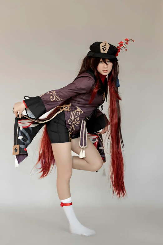 a girl in some type of costume with a hat and long hair