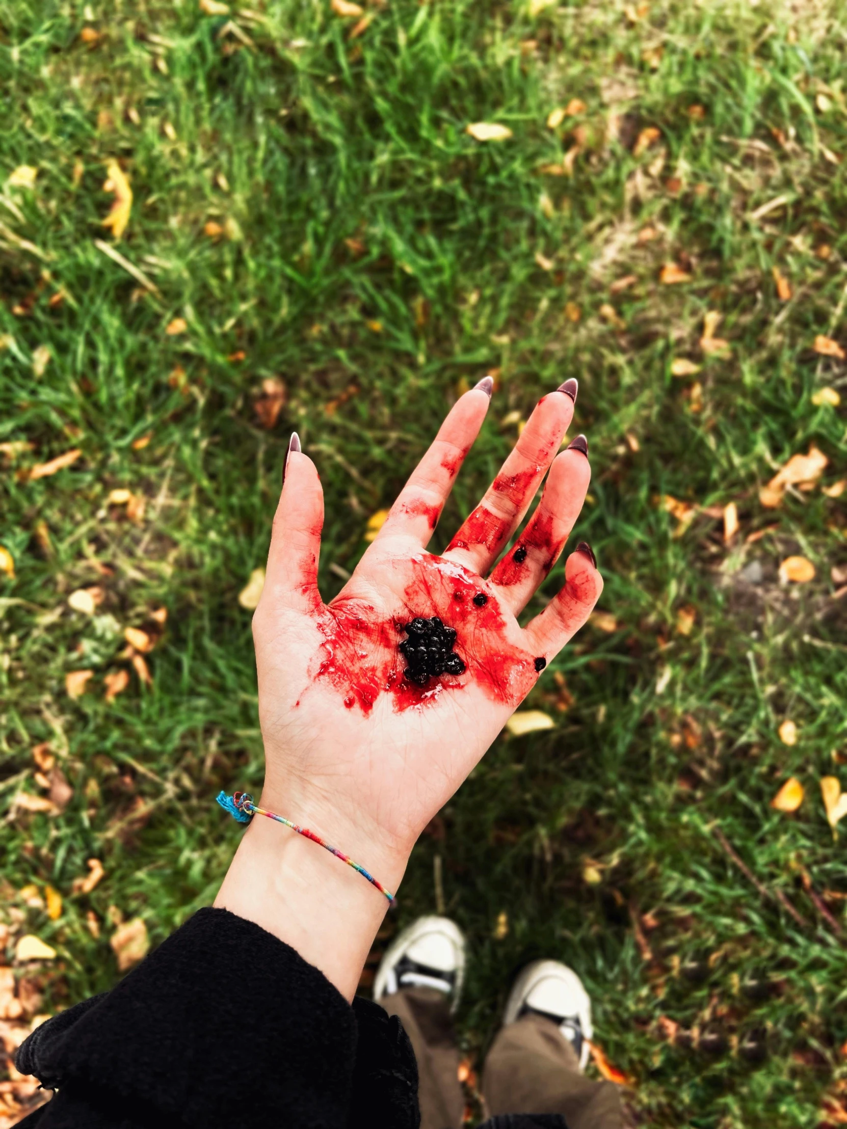 someone has their hand covered with paint and red flower on the grass