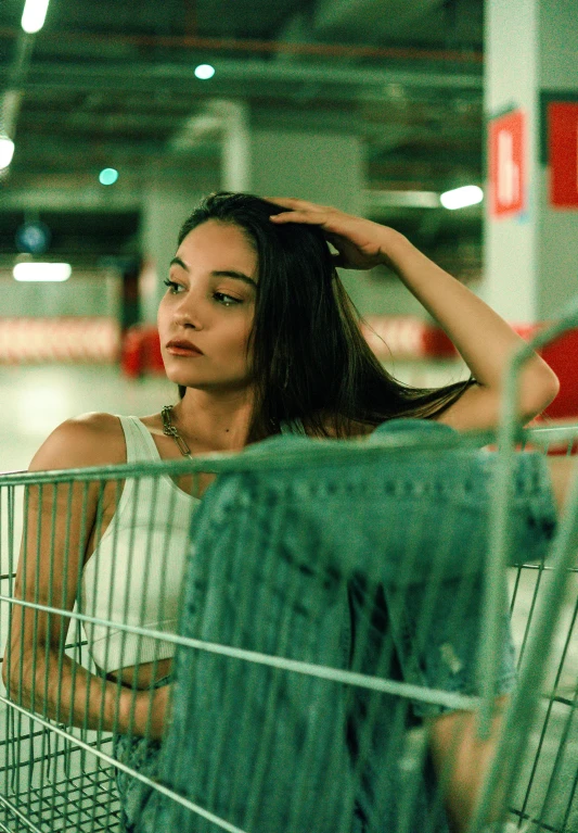 woman sitting in a shopping cart at a grocery store