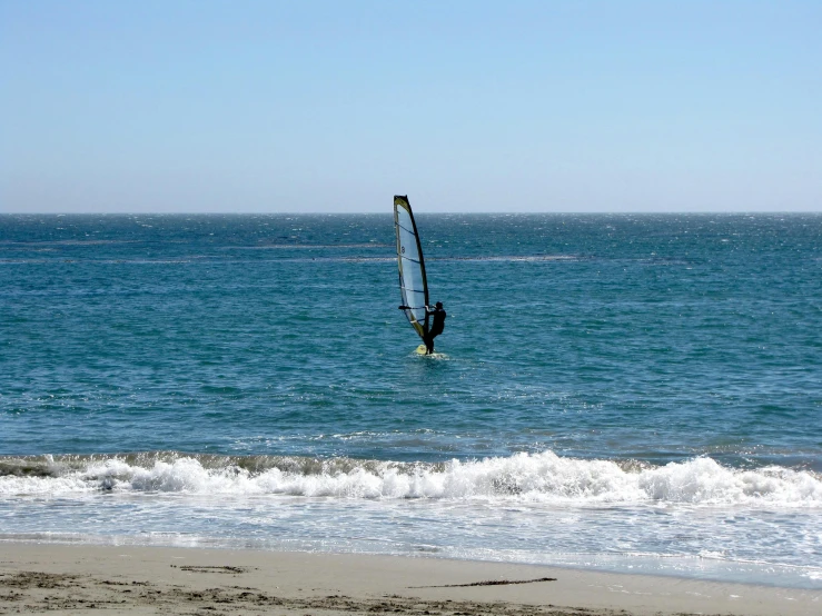 a paraglider glides across the water off the beach