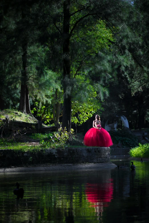 a woman in a red dress by some water