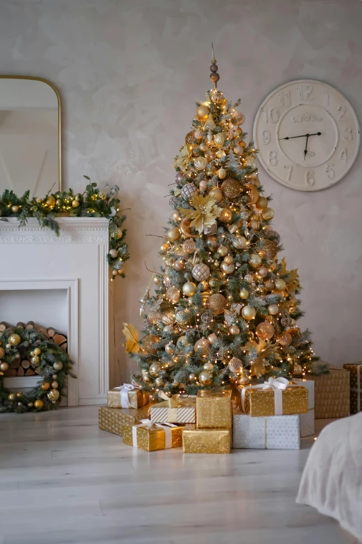 christmas tree in a room decorated with gifts
