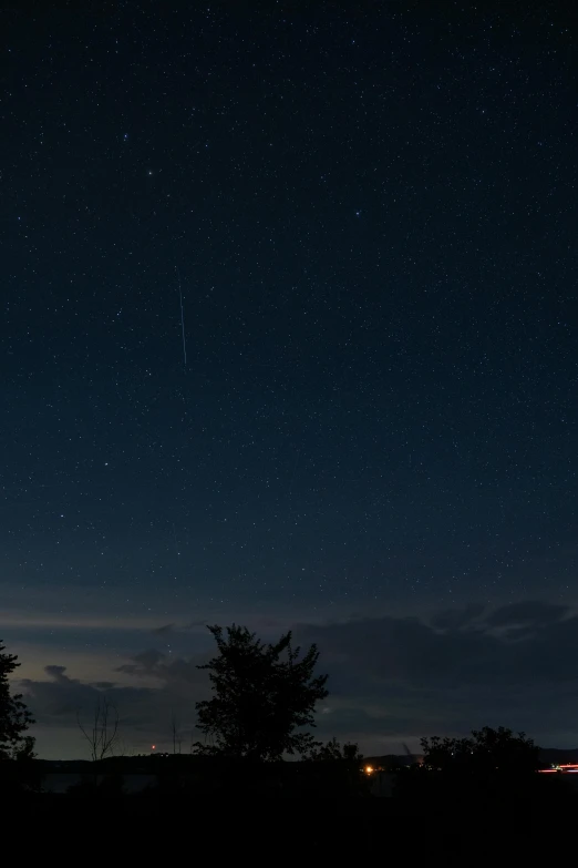 a dark sky filled with stars over trees