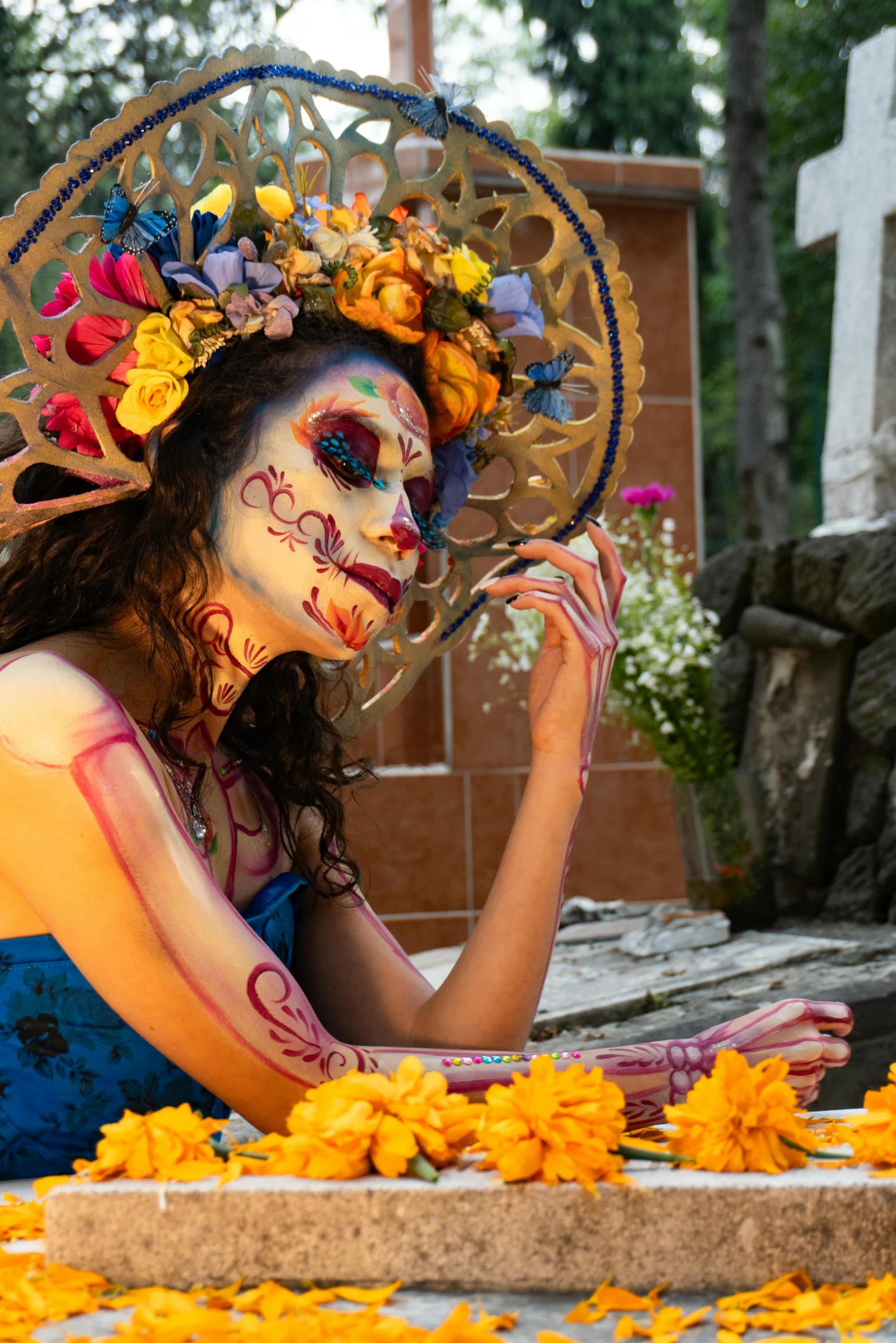 a woman with makeup painted on her face is seen