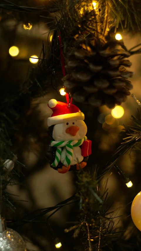 christmas tree ornaments including a snowman ornament