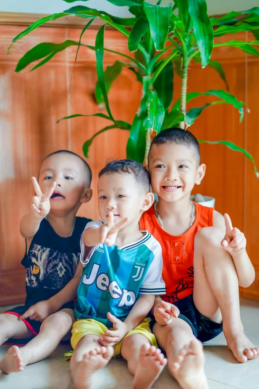 three small children sitting on the floor near a potted plant