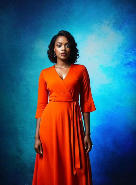 a woman in an orange dress standing on a blue background