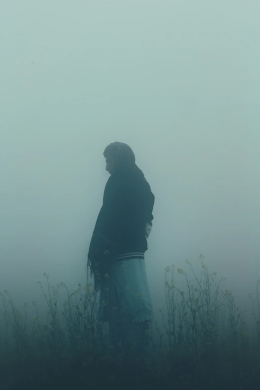 a person standing alone with his back turned in the fog