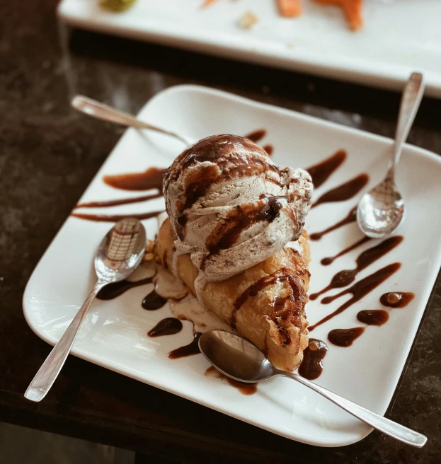 an ice cream sundae with chocolate syrup on top